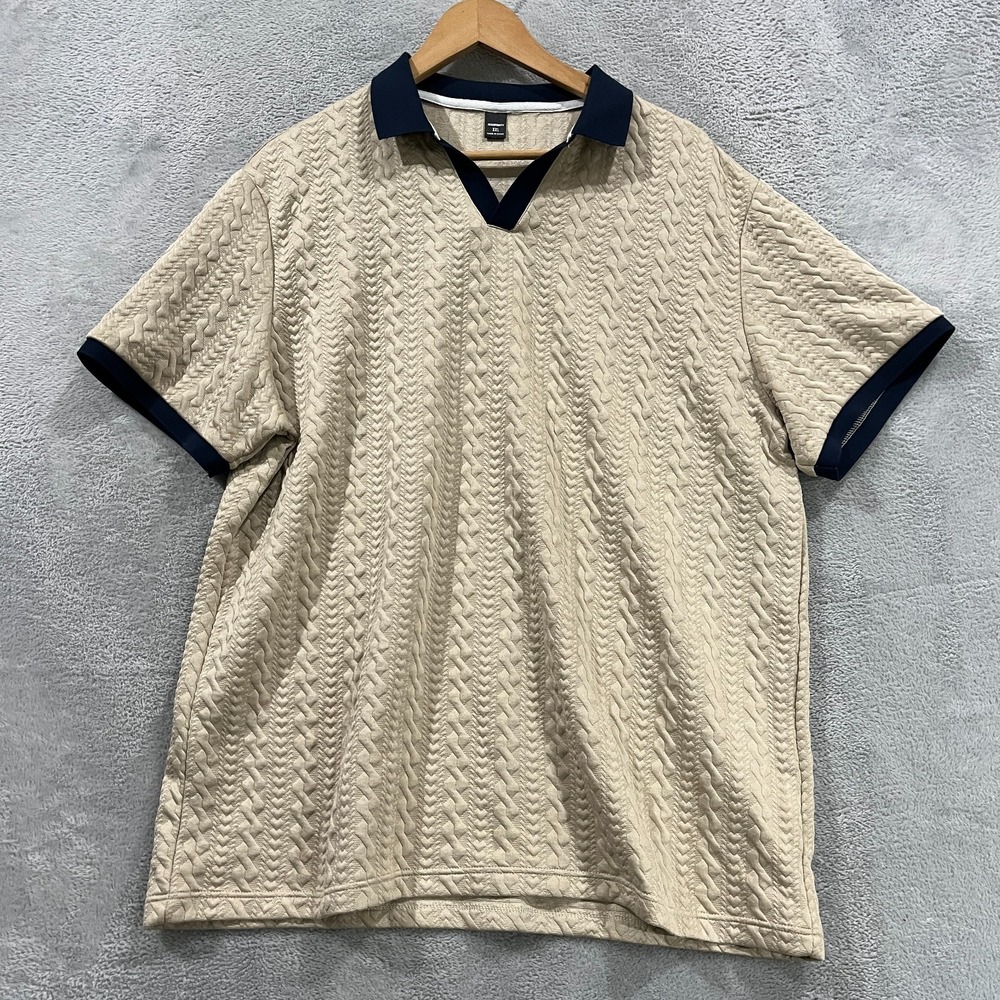 Manfinity Polo Shirt Mens 2XL Beige Blue Collar Short Sleeve Textured Preppy